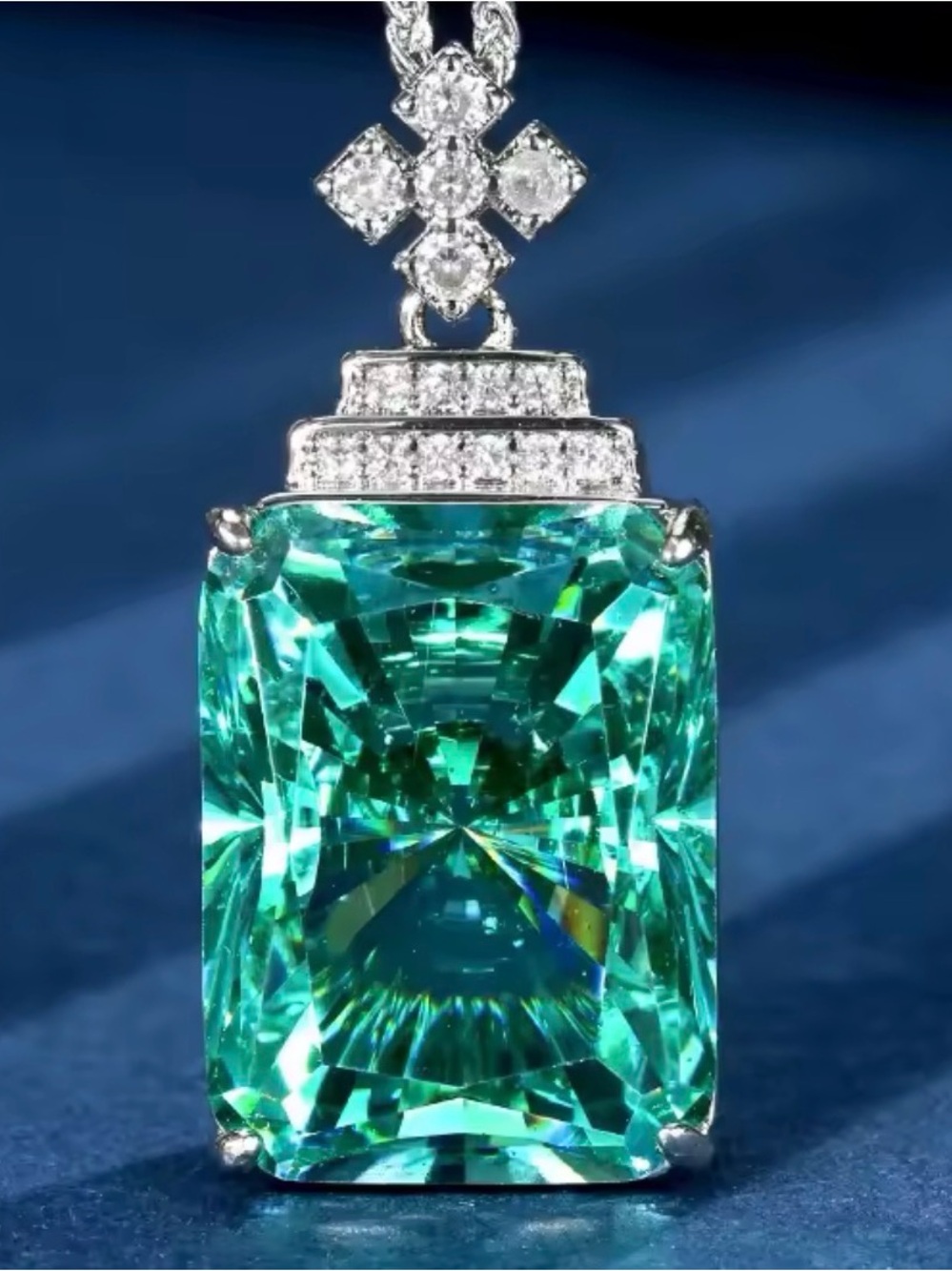 S—Steel Silver Large Emerald Cut Gemstone Pendant Necklace with Pavé Accents